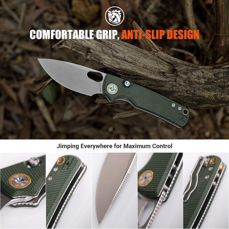 Vosteed EDC Knife, 2.99" 14C28N Steel Wider Blade, Green Micarta Handle Top Liner Lock, Folding Pocket Knives with Clip for Men & Women, Survival Camping - Porcupine A2603 - Image 5